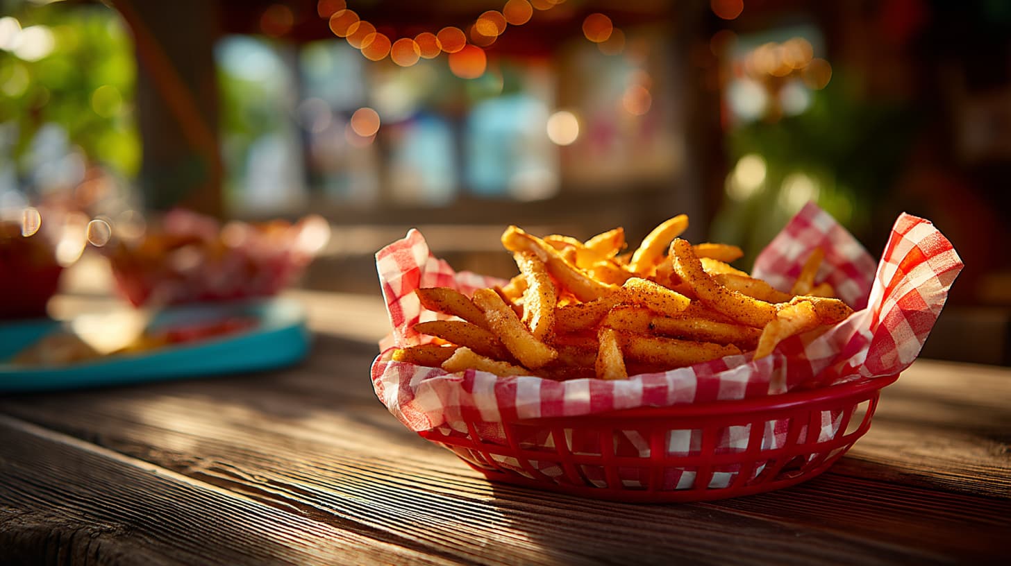Crispy french fries served in a red checkered basket liner, showcasing Sunshine Paper food grade basket liners for restaurants and food trucks