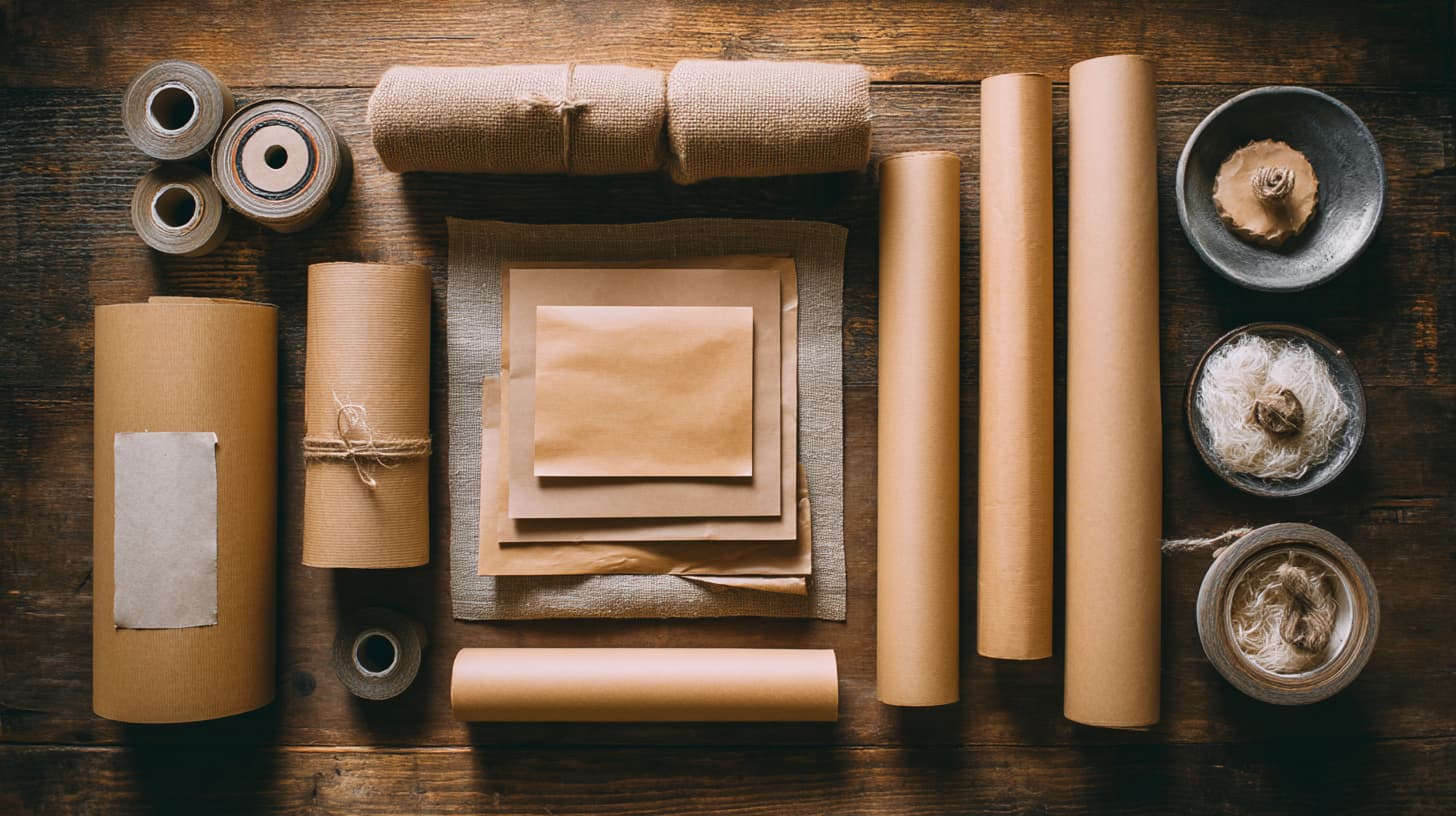 Kraft paper rolls and sheets arranged on a wooden table, showcasing versatile uses for packaging, retail, and industrial applications from Sunshine Paper.